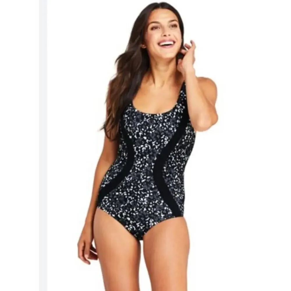 LANDS END 10 D Black Gray Slimming Scoop Neck Padded Women's‎ One Piece Swimsuit